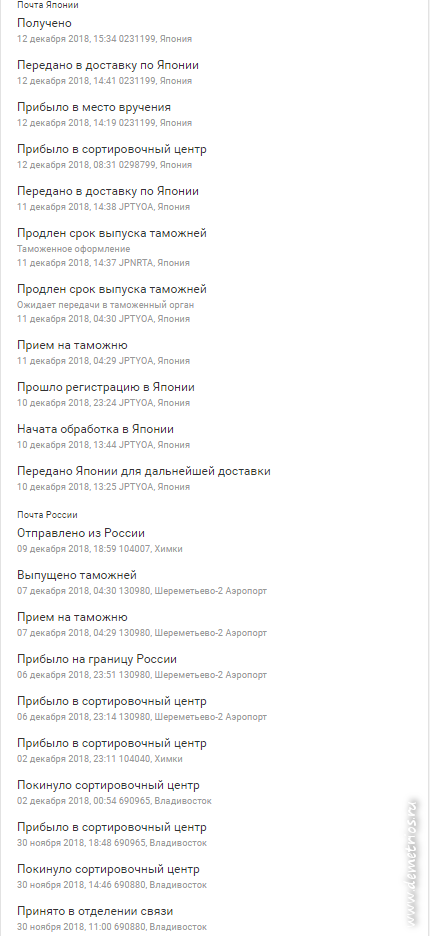 Доставка посылки из Владивостока в Японию через Москву службой EMS